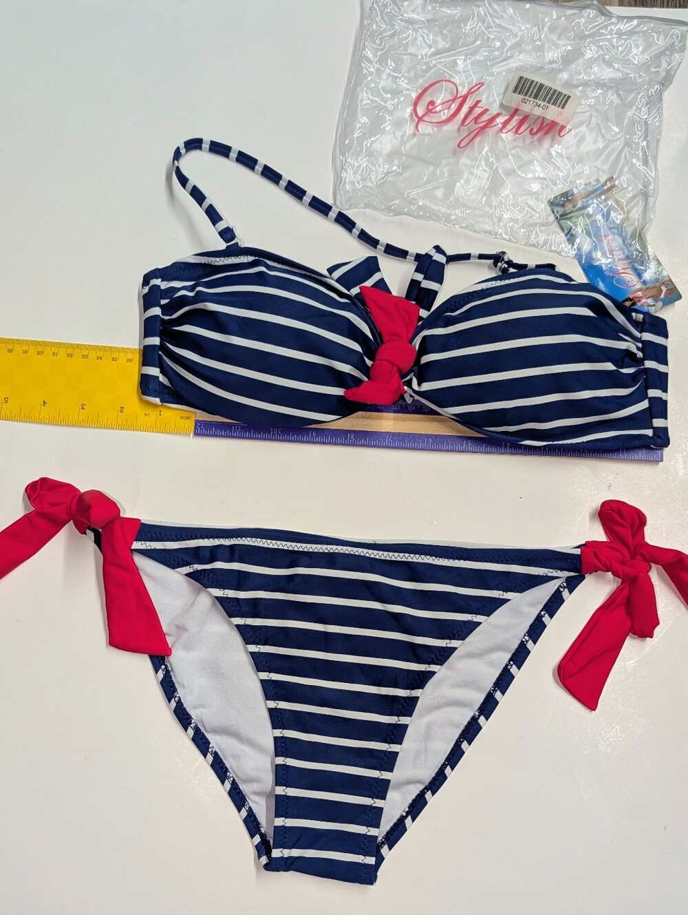 NWT STYLISH Nautical Striped Bikini White Blue Red Bow Low Rise Swimsuit Lg&Med - Picture 6 of 13
